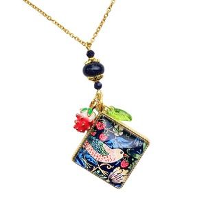 Strawberry Thief Pendant Necklace, William Morris Bird Cottage Core, Sandstone